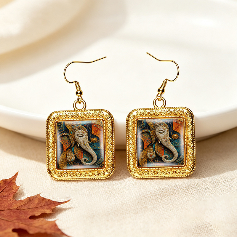 Golden Hindu Religious Square Glass Cabochon Dangle Earrings